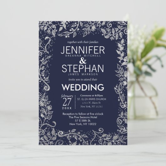 Eleganter Navy Blue Silver Floral Glitzer Hochzeit Einladung (Stehend Vorderseite)