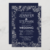 Eleganter Navy Blue Silver Floral Glitzer Hochzeit Einladung (Vorne/Hinten)