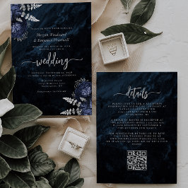 Eleganter Navy Blue Silver Floral QR Code Hochzeit Einladung