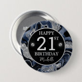 Eleganter Navy Blue & Silver Glitzer Agate Birthda Button (Vorne & Hinten)