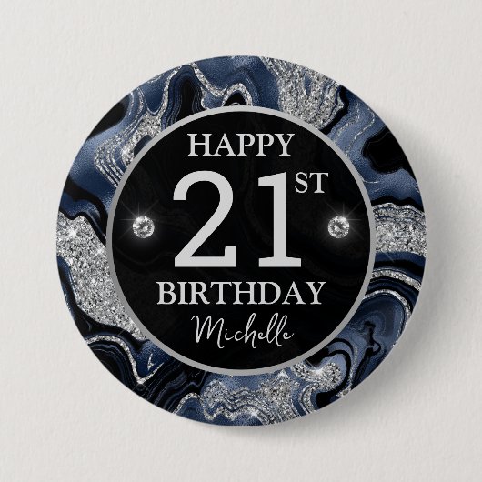 Eleganter Navy Blue & Silver Glitzer Agate Birthda Button (Vorderseite)