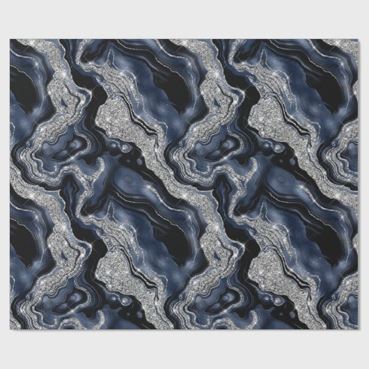 Eleganter Navy Blue & Silver Glitzer Agate Birthda Geschenkpapier (Flach)