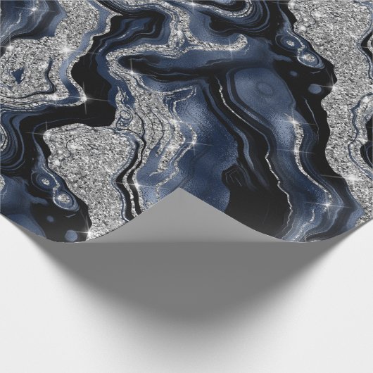 Eleganter Navy Blue & Silver Glitzer Agate Birthda Geschenkpapier (Ecke)