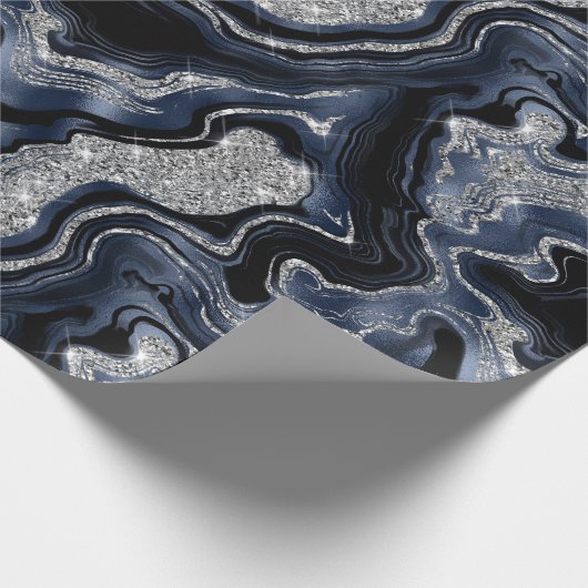 Eleganter Navy Blue & Silver Glitzer Agate Birthda Geschenkpapier (Ecke)