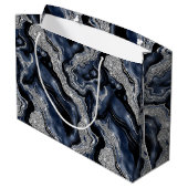 Eleganter Navy Blue & Silver Glitzer Agate Birthda Große Geschenktüte (Rückseite Schrägansicht)
