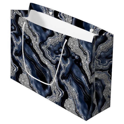 Eleganter Navy Blue & Silver Glitzer Agate Birthda Große Geschenktüte (Vorderseite Schrägansicht)