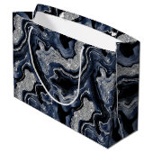 Eleganter Navy Blue & Silver Glitzer Agate Birthda Große Geschenktüte (Rückseite Schrägansicht)