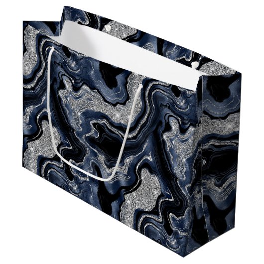 Eleganter Navy Blue & Silver Glitzer Agate Birthda Große Geschenktüte (Vorderseite Schrägansicht)
