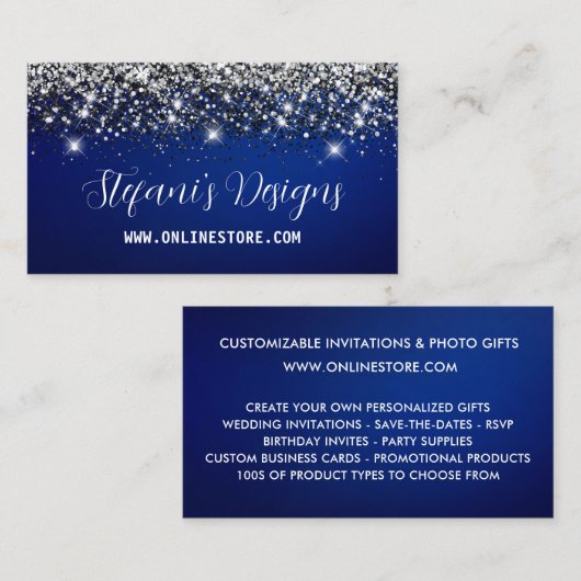 Eleganter Navy Blue Silver Imitate Glitzer Online Visitenkarte (Vorne/Hinten)