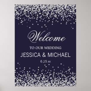 Eleganter Navy Blue Sparkling Silver Glitzer Hochz Poster