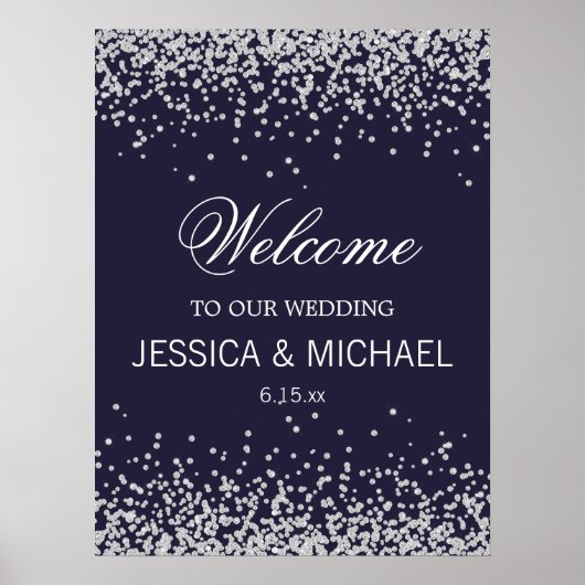 Eleganter Navy Blue Sparkling Silver Glitzer Hochz Poster (Vorne)