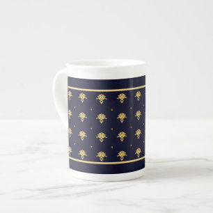 Eleganter Navy Blue und Gold Damask Porzellantasse