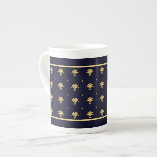 Eleganter Navy Blue und Gold Damask Porzellantasse (Vorderseite Links)