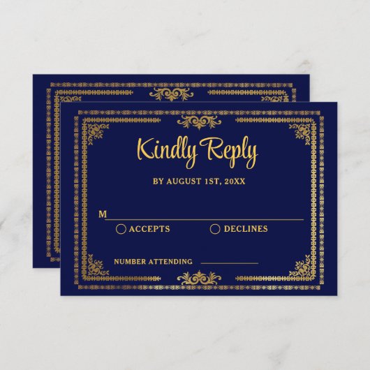 Eleganter Navy Blue und Gold Deko Wedding RSVP (Vorne/Hinten)