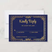 Eleganter Navy Blue und Gold Deko Wedding RSVP Karte (Vorderseite)