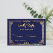 Eleganter Navy Blue und Gold Deko Wedding RSVP Karte (Stehend Vorderseite)