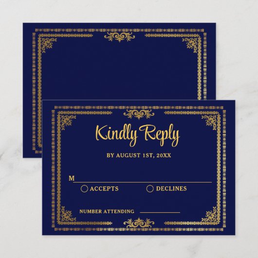 Eleganter Navy Blue und Gold Deko Wedding RSVP Karte (Vorne/Hinten)