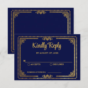 Eleganter Navy Blue und Gold Deko Wedding RSVP Karte