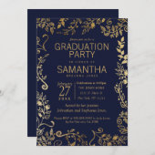Eleganter Navy Blue und Gold Floral Abschluss Einladung (Vorne/Hinten)
