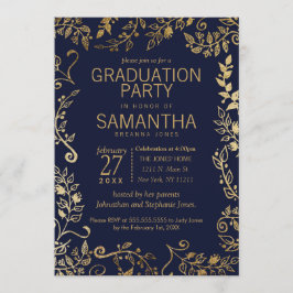 Eleganter Navy Blue und Gold Floral Abschluss Einladung