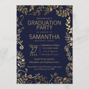 Eleganter Navy Blue und Gold Floral Abschluss Einladung
