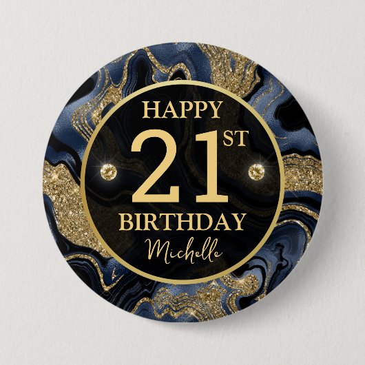 Eleganter Navy Blue und Gold Glitzer Agate Birthda Button (Vorderseite)