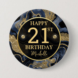 Eleganter Navy Blue und Gold Glitzer Agate Birthda Button