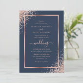 Eleganter Navy Blue und Rose Gold Glitzer Hochzeit Einladung (Stehend Vorderseite)