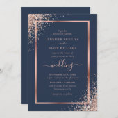 Eleganter Navy Blue und Rose Gold Glitzer Hochzeit Einladung (Vorne/Hinten)