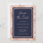 Eleganter Navy Blue und Rose Gold Glitzer Hochzeit Save The Date (Vorderseite)