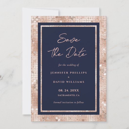 Eleganter Navy Blue und Rose Gold Glitzer Hochzeit Save The Date (Vorderseite)