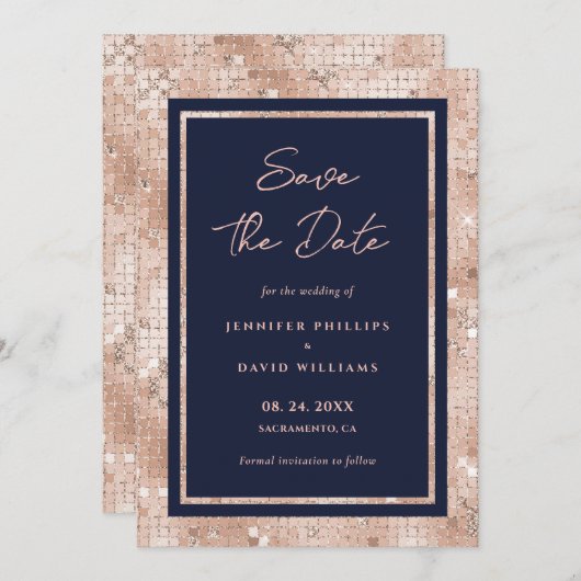Eleganter Navy Blue und Rose Gold Glitzer Hochzeit Save The Date (Vorne/Hinten)