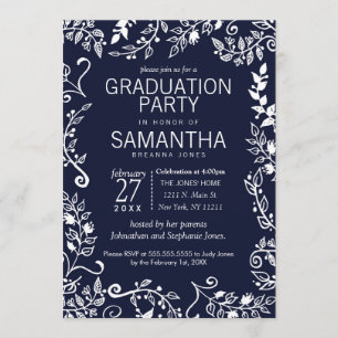 Eleganter Navy Blue und White Floral Abschluss Einladung