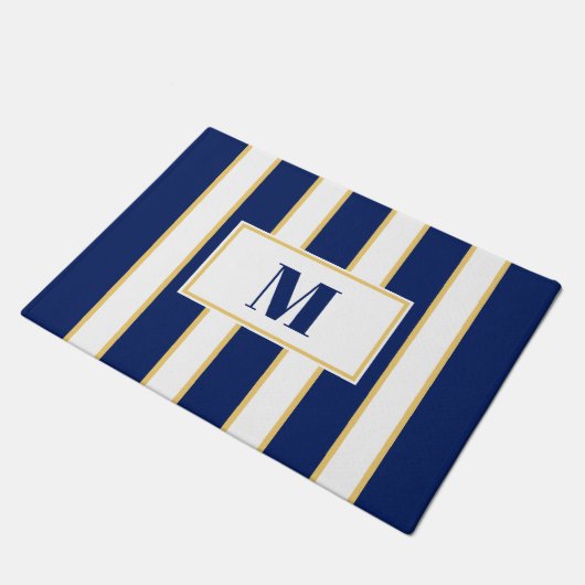 Eleganter Navy Blue und White Stripe Custom Fußmatte (Schrägansicht)