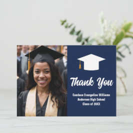Eleganter Navy Blue White Graduate Foto Abschluss Dankeskarte