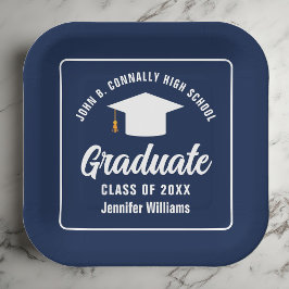 Eleganter Navy Blue White Graduation Party Square Pappteller