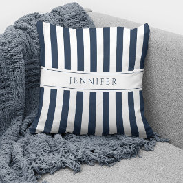 Eleganter Navy Blue & White Stripes Muster Name Kissen