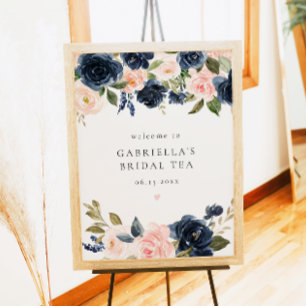 Eleganter Navy Blush Bloral Bridal Tee Willkommen Poster