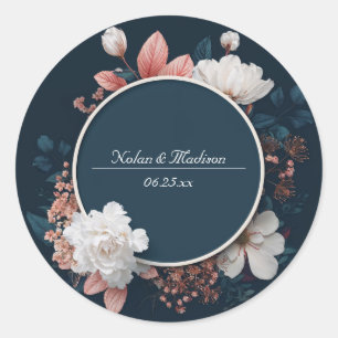 Eleganter Navy- & Blush Floral Round Wedding Stick Runder Aufkleber