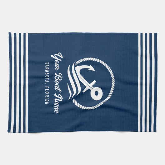 Eleganter Navy Custom Boat Name Anchor Geschirrtuch (Horizontal)
