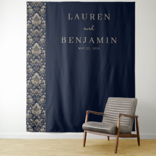 Eleganter Navy-Damask Wandteppich