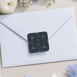 Eleganter Navy-Folk-Monogramm-Hochzeitsaufkleber Quadratischer Aufkleber