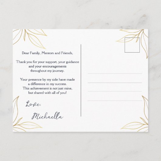 Eleganter Navy Gold Abschluss Vielen Dank Postkarte (Rückseite)