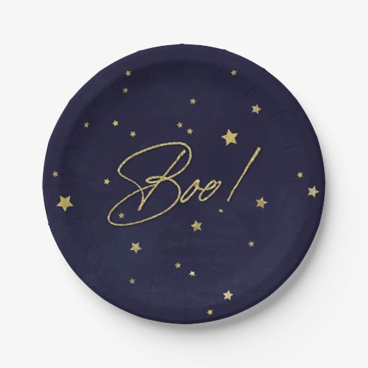 Eleganter Navy/Gold Boo! Halloween-Party Pappteller (Vorderseite)