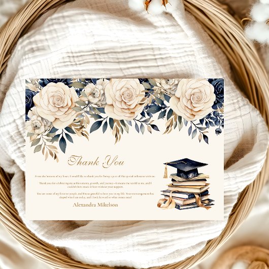 Eleganter Navy Gold Floral Abschluss Dankeskarte