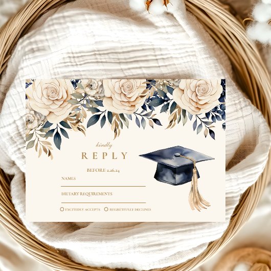 Eleganter Navy Gold Floral Abschluss RSVP Karte