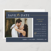 Eleganter Navy Gold Save the Date Kalender QR-Code Einladung (Vorne/Hinten)