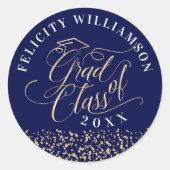 Eleganter Navy & Gold Script Abschluss Confetti Runder Aufkleber (Vorderseite)