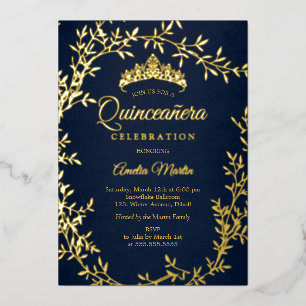 Eleganter Navy-Goldblatt-Kranz Quinceanera Folieneinladung