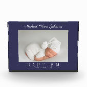 Eleganter Navy-Script-Taufen-Foto Block (Vorderseite)